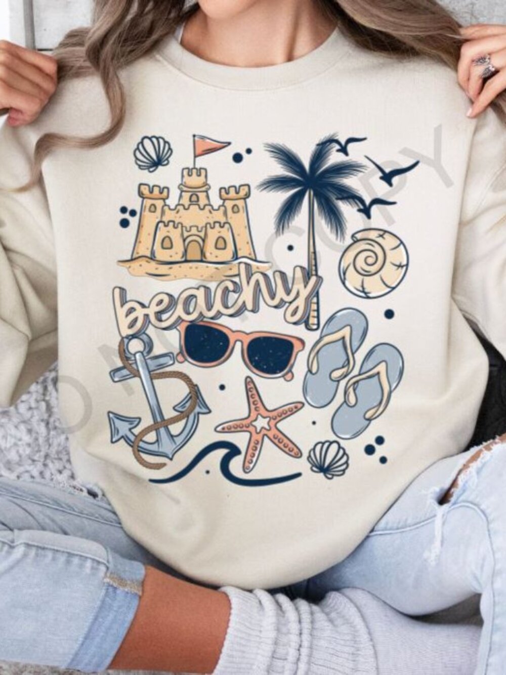 Beachy Graphic Sweatshirt Women’s Casual Coastal Crewneck‎ Beach Vibes Ocean